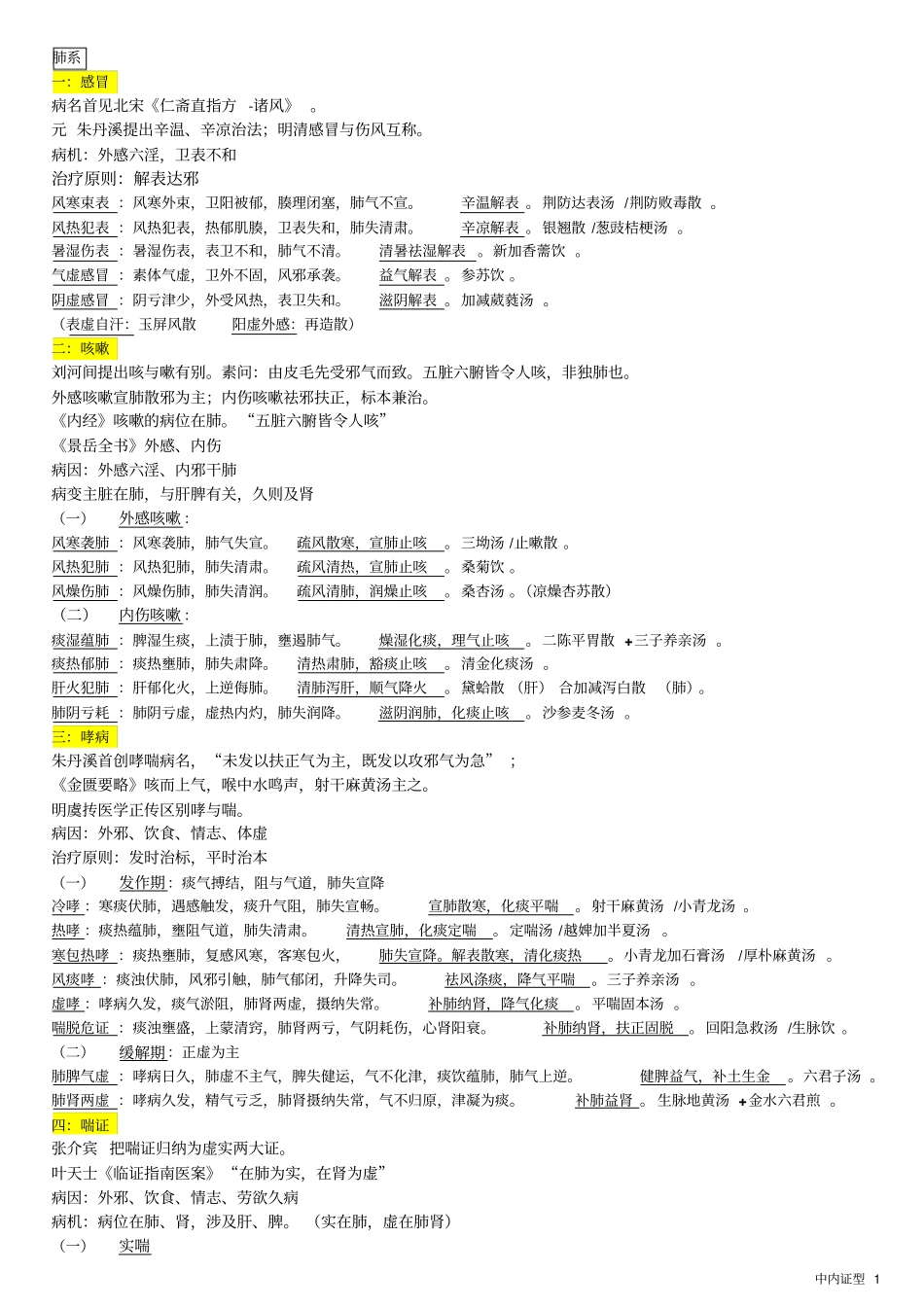 中医内科学证型整理详细_第1页