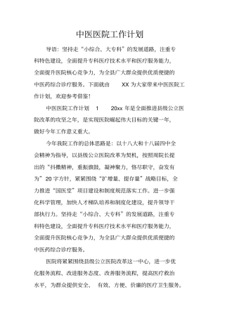 中医医院工作计划