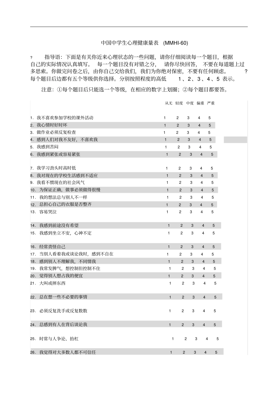中国中学生心理健康量表MMHI包括评分规则及诊断标准_第1页