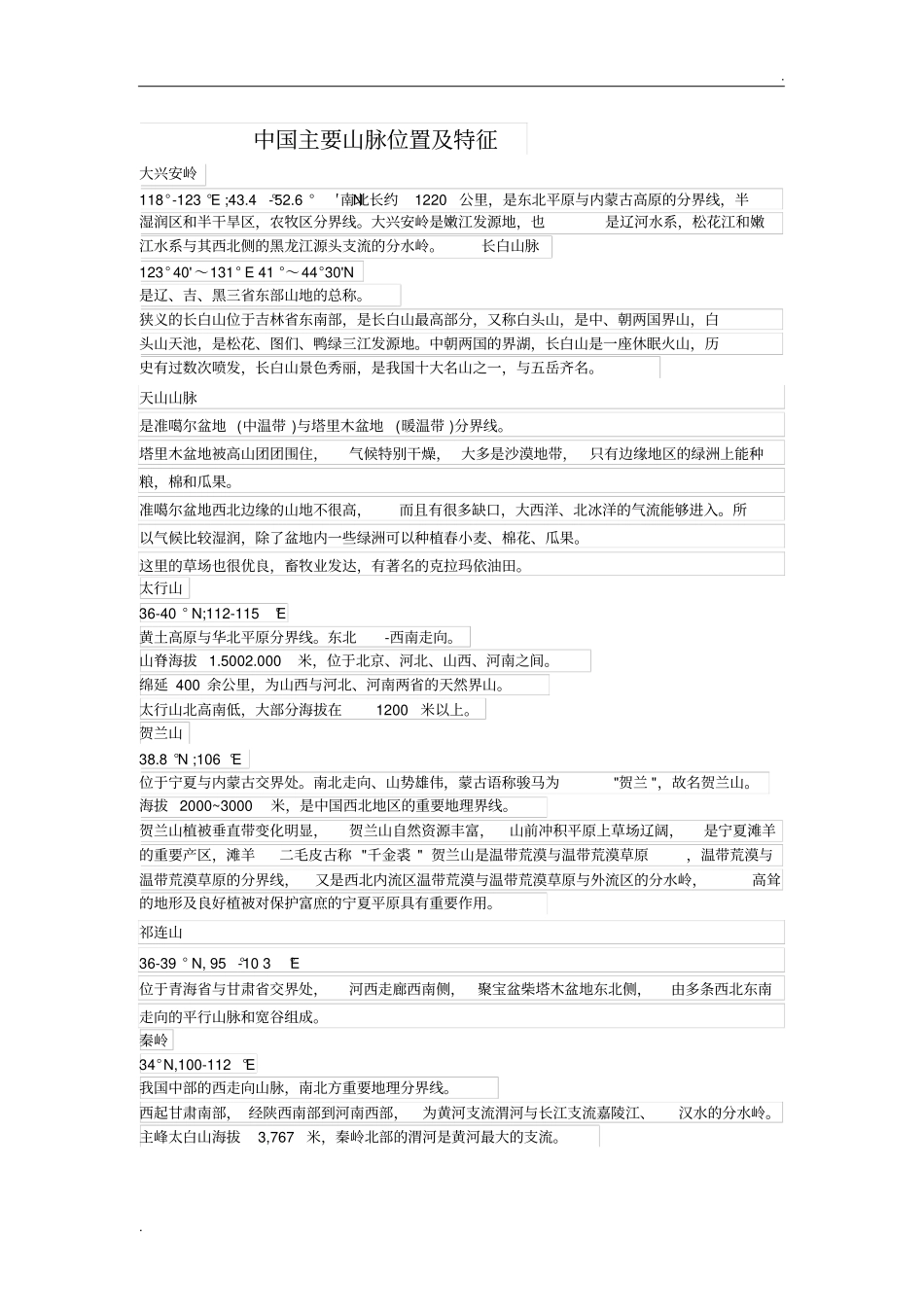 中国主要山脉位置及特征_第1页