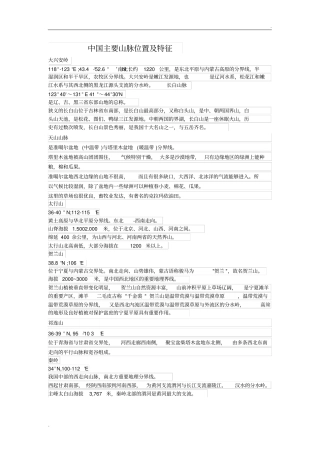 中国主要山脉位置及特征