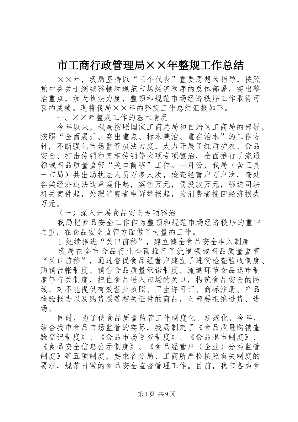 市工商行政管理局××年整规工作总结 _第1页