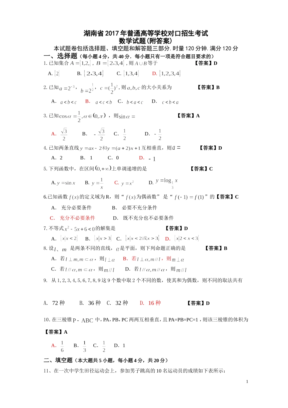 湖南省2017年普通高等学校对口招生考试数学试卷_第1页
