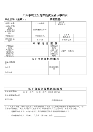 广州市职工生育保险就医确认申请表