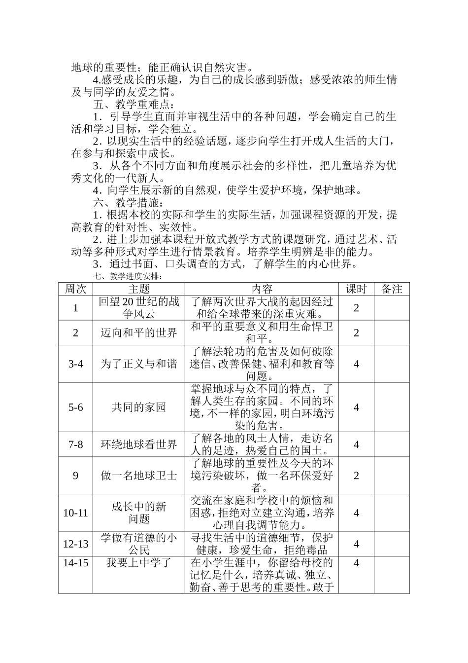 北师大版六年级品德与社会下册教学计划_第2页
