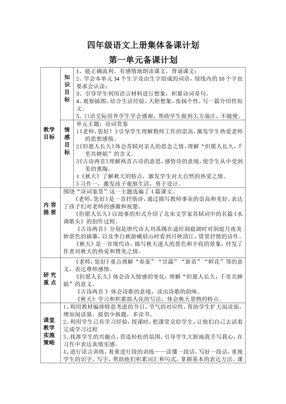 苏教版小学四年级语文上册集体备课单元计划_第1页