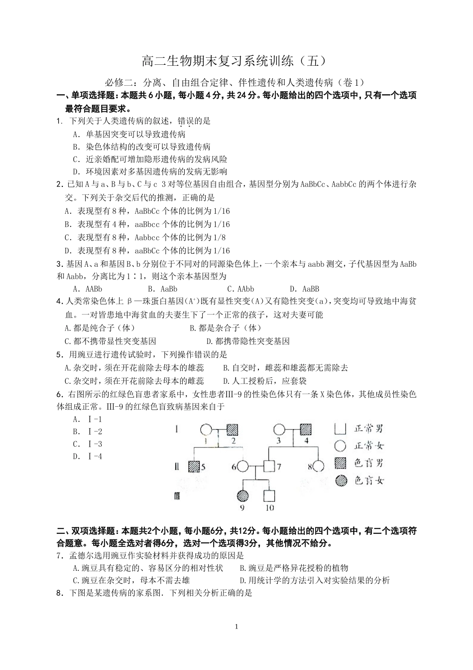 高中生物必修2：分离、自由组合定律、伴性遗传和人类遗传病(卷1)练习_第1页