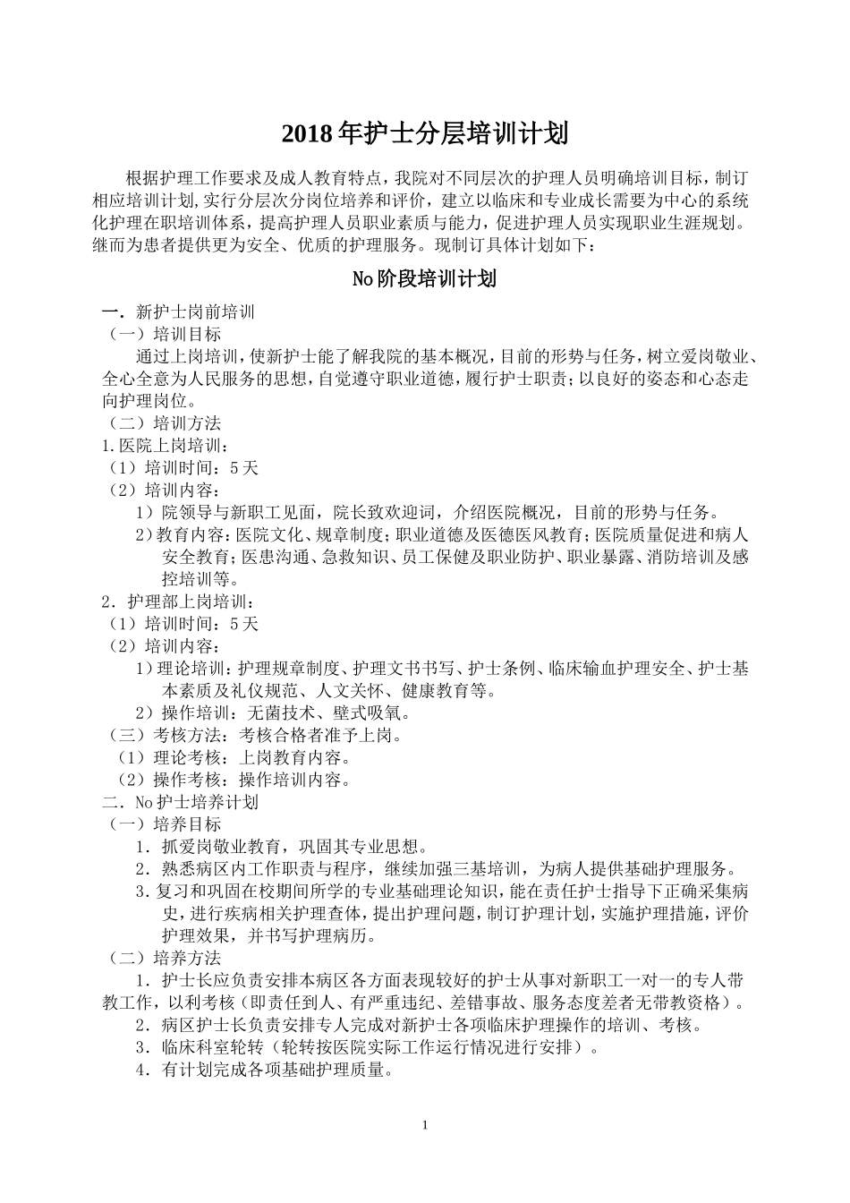 护理部护士分层培训计划2018_第1页