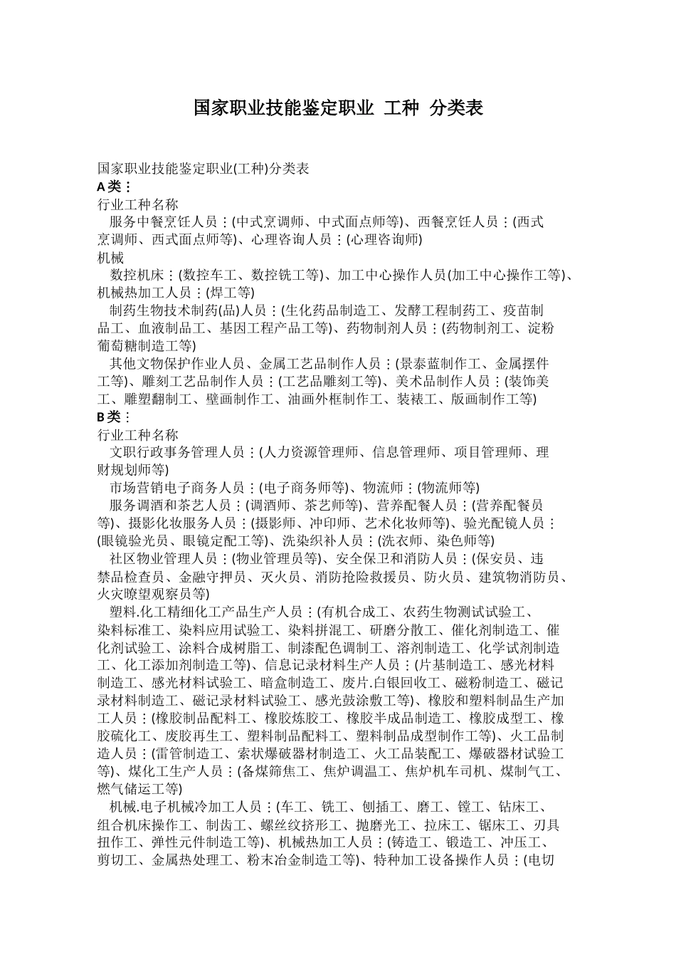 国家职业技能鉴定职业-工种-分类表_第1页