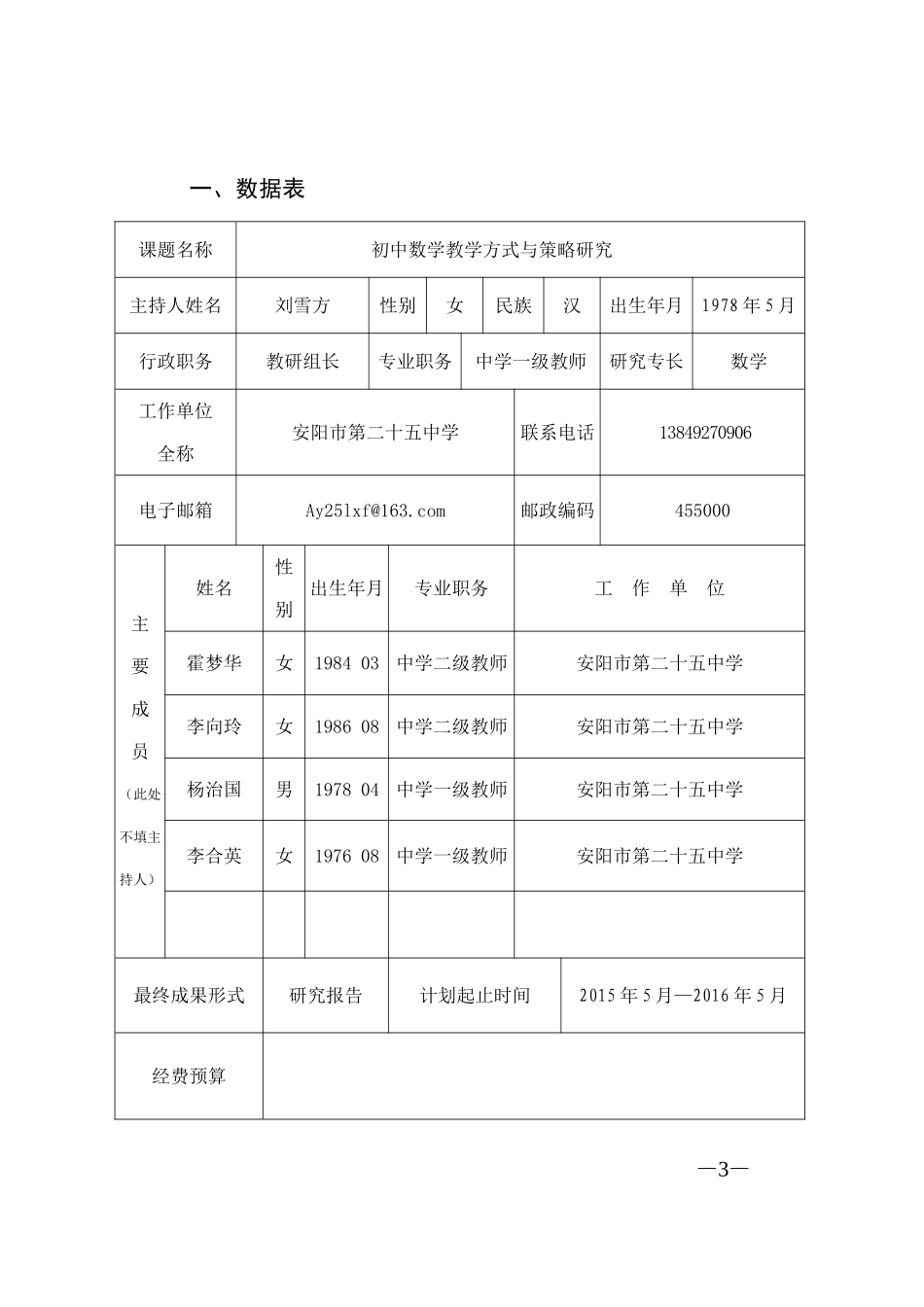 初中数学教学方式与策略研究立项申报书_第3页