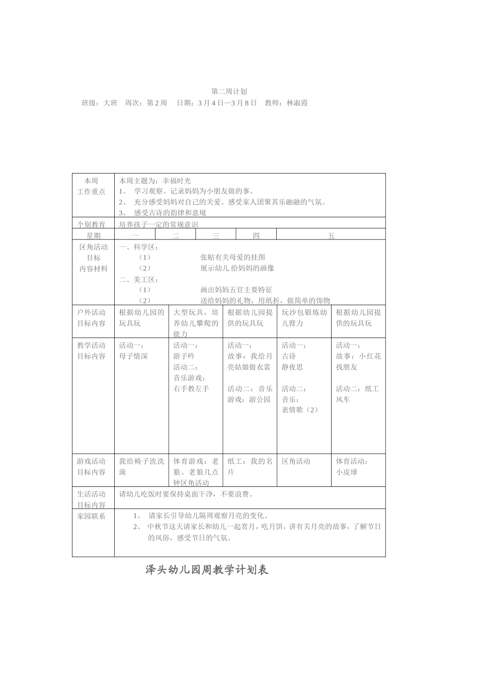 大班幼儿园周工作计划表_第2页