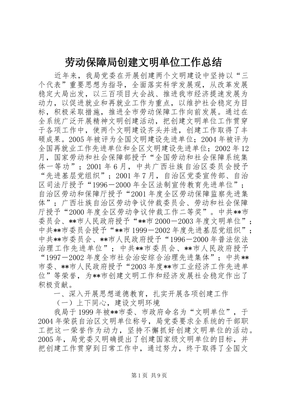 劳动保障局创建文明单位工作总结 _第1页