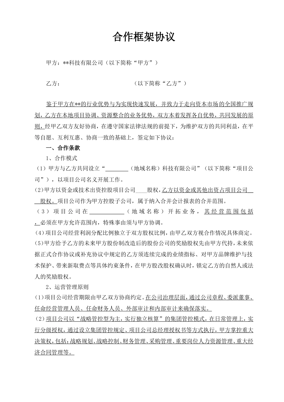 项目公司合作框架协议_第1页