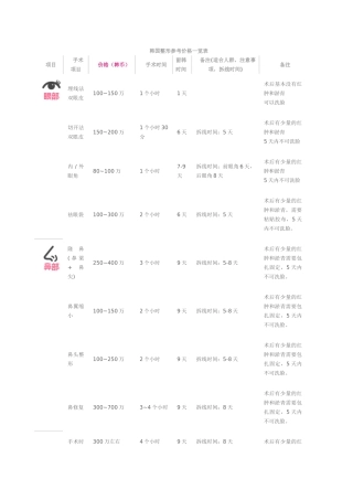 韩国整形参考价格一览表