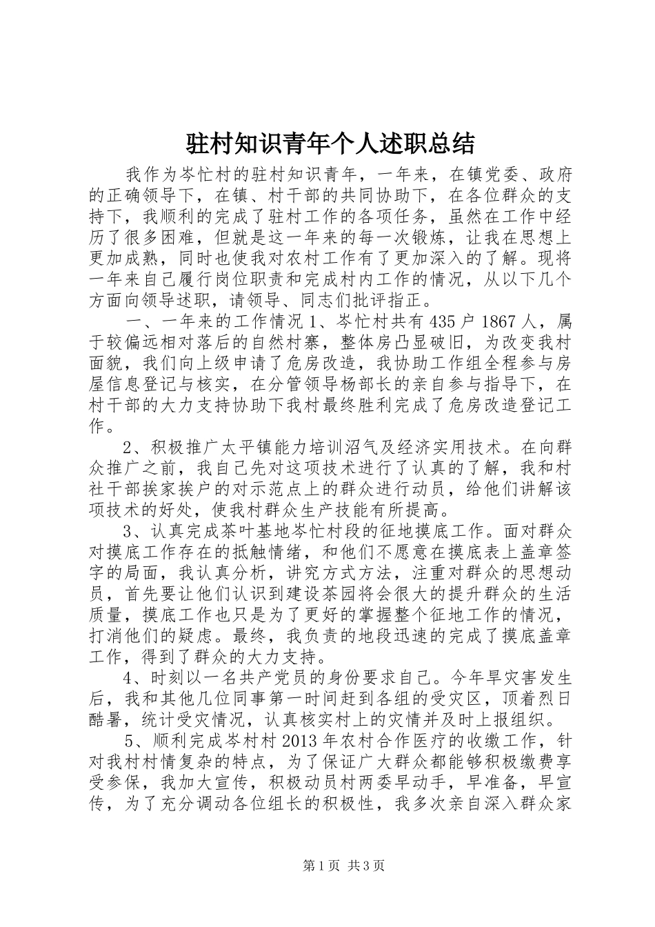 驻村知识青年个人述职总结_第1页