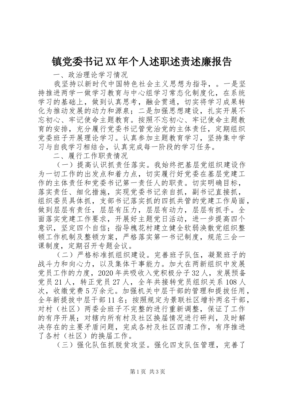 镇党委书记XX年个人述职述责述廉报告_第1页