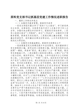 原料党支部书记抓基层党建工作情况述职报告