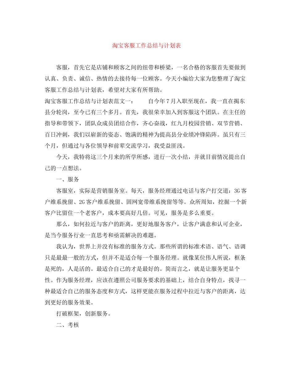 淘宝客服工作总结与计划表_第1页