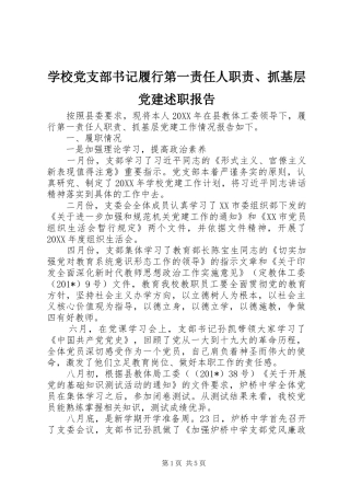 学校党支部书记履行第一责任人职责、抓基层党建述职报告