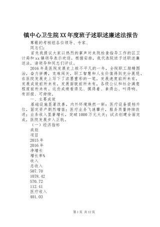 镇中心卫生院XX年度班子述职述廉述法报告