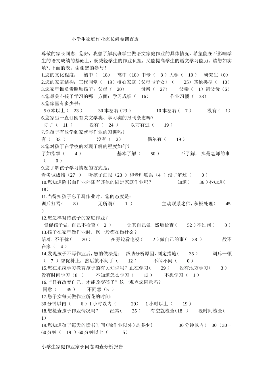 小学生家庭作业家长问卷调查表 (4)_第1页