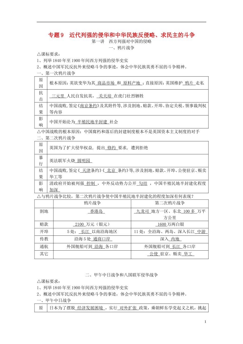 广东省深圳市皇御苑学校2013届高考历史一轮复习学案-专题9--近代列强的侵华和中华民族反侵略-_第1页