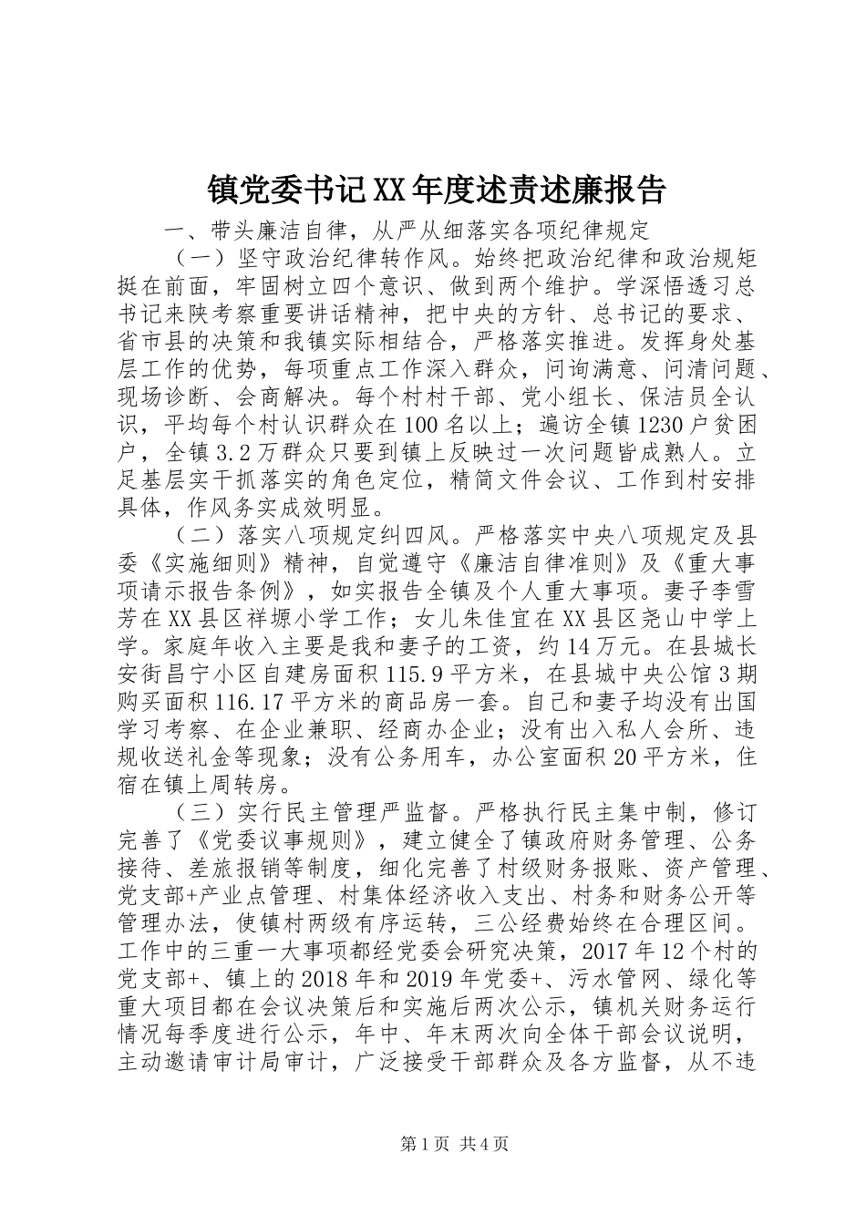 镇党委书记XX年度述责述廉报告_第1页
