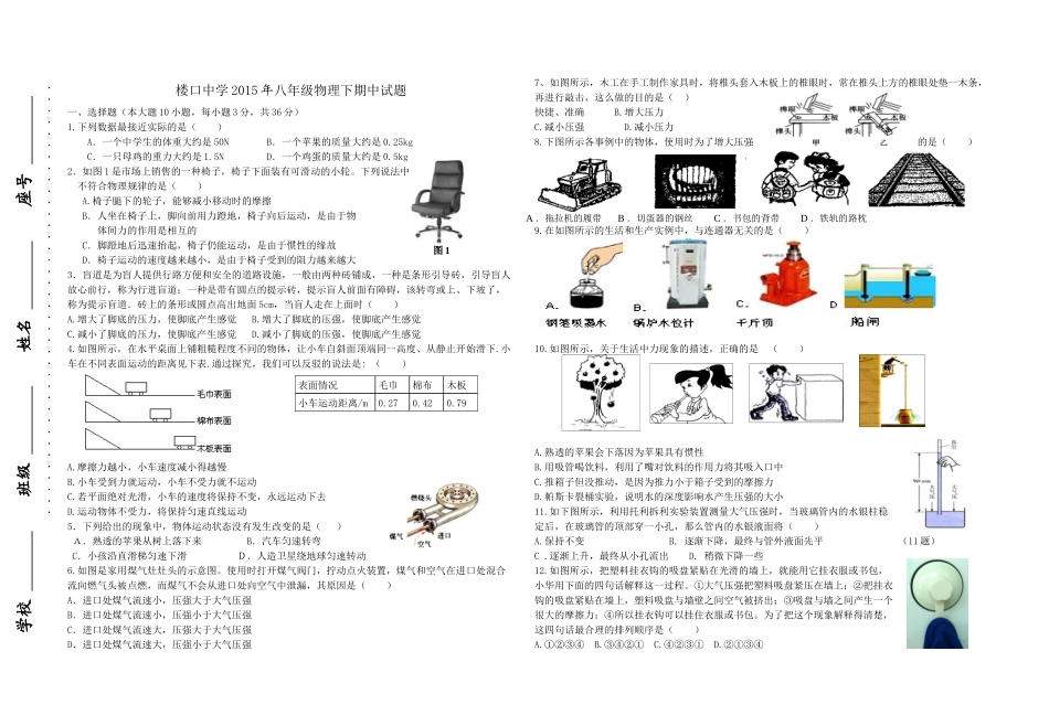 楼口中学2015年八年级物理期中试卷_第1页