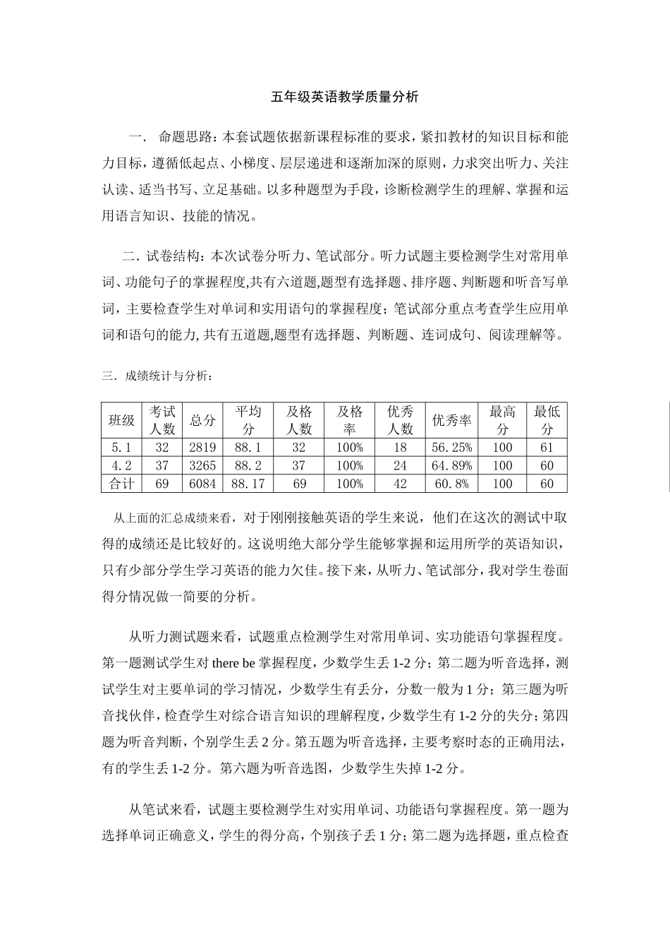 五年级期中英语教学质量分析20101105_第1页