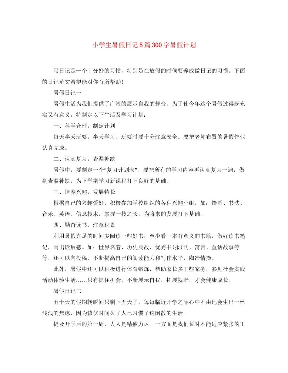 小学生暑假日记5篇300字暑假计划_第1页