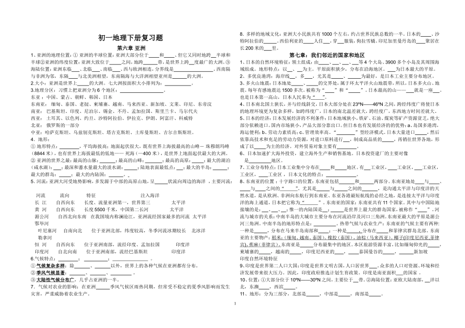 初一地理下册复习题_第1页
