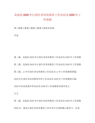 北海县年计划生育宣传教育工作总结及年工作思路
