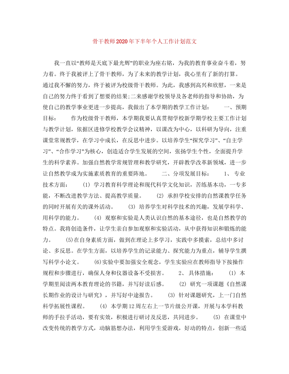 骨干教师年下半年个人工作计划范文_第1页