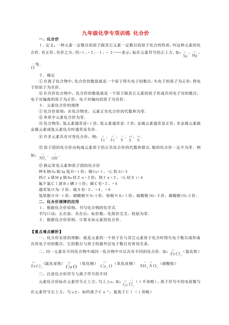 九年级化学专项训练化合价_第1页