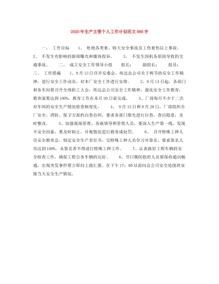 2020年生产主管个人工作计划范文800字