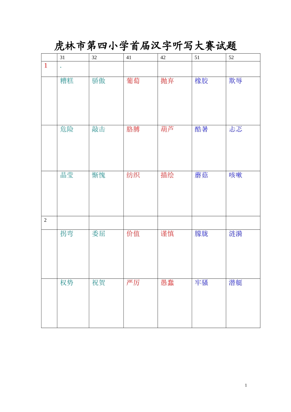 虎林市第四小学首届汉字听写大赛试题_第1页
