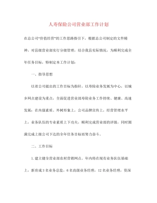 人寿保险公司营业部工作计划