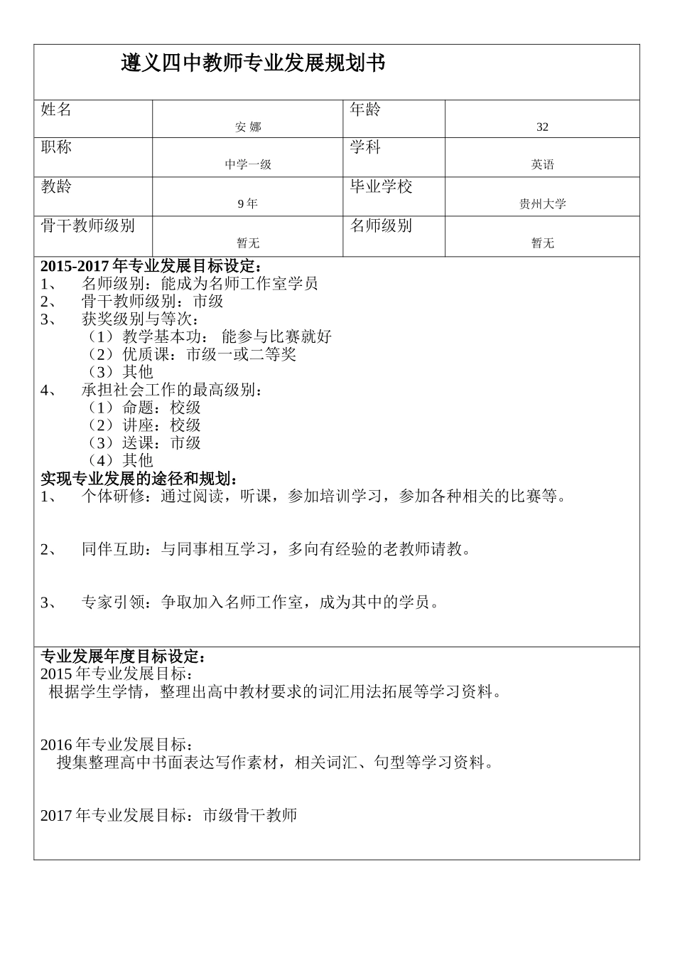 安娜---遵义四中教师专业发展规划书_第1页