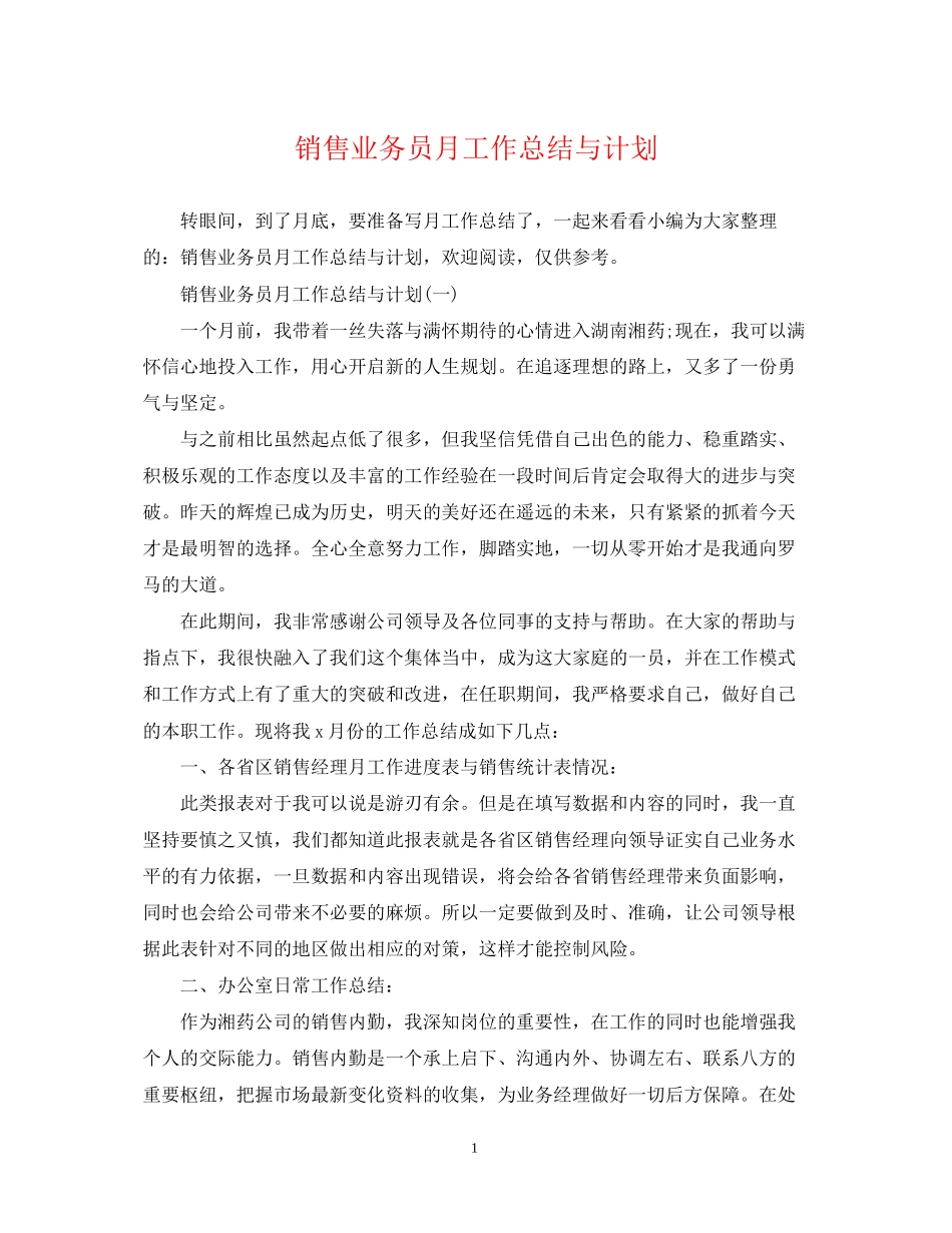 销售业务员月工作总结与计划_第1页
