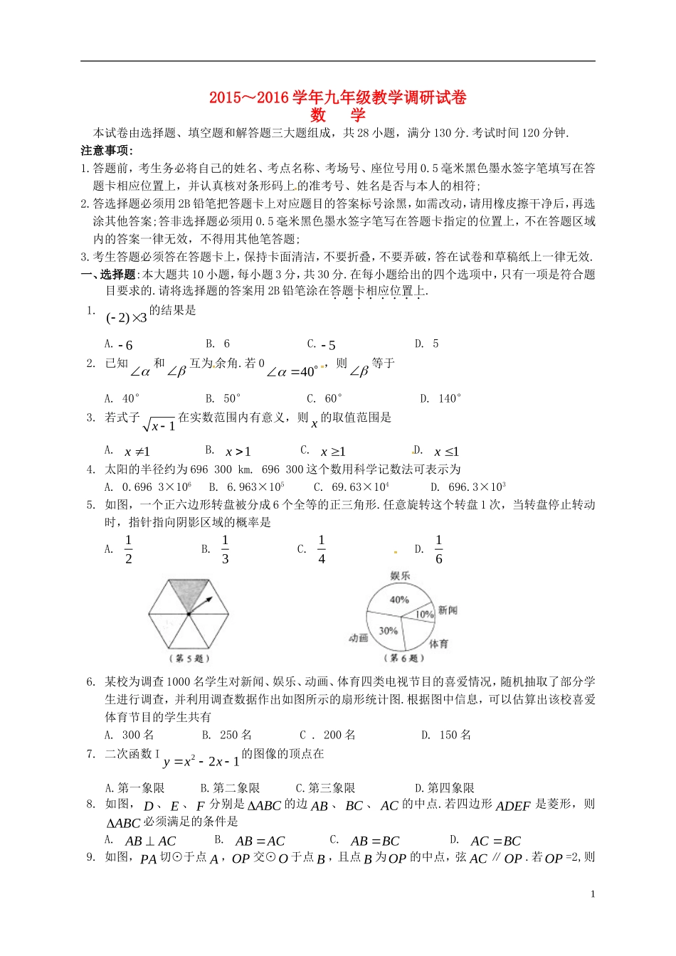 江苏省苏州市工业园区2016届九年级数学4月调研考试(一模)试题_第1页