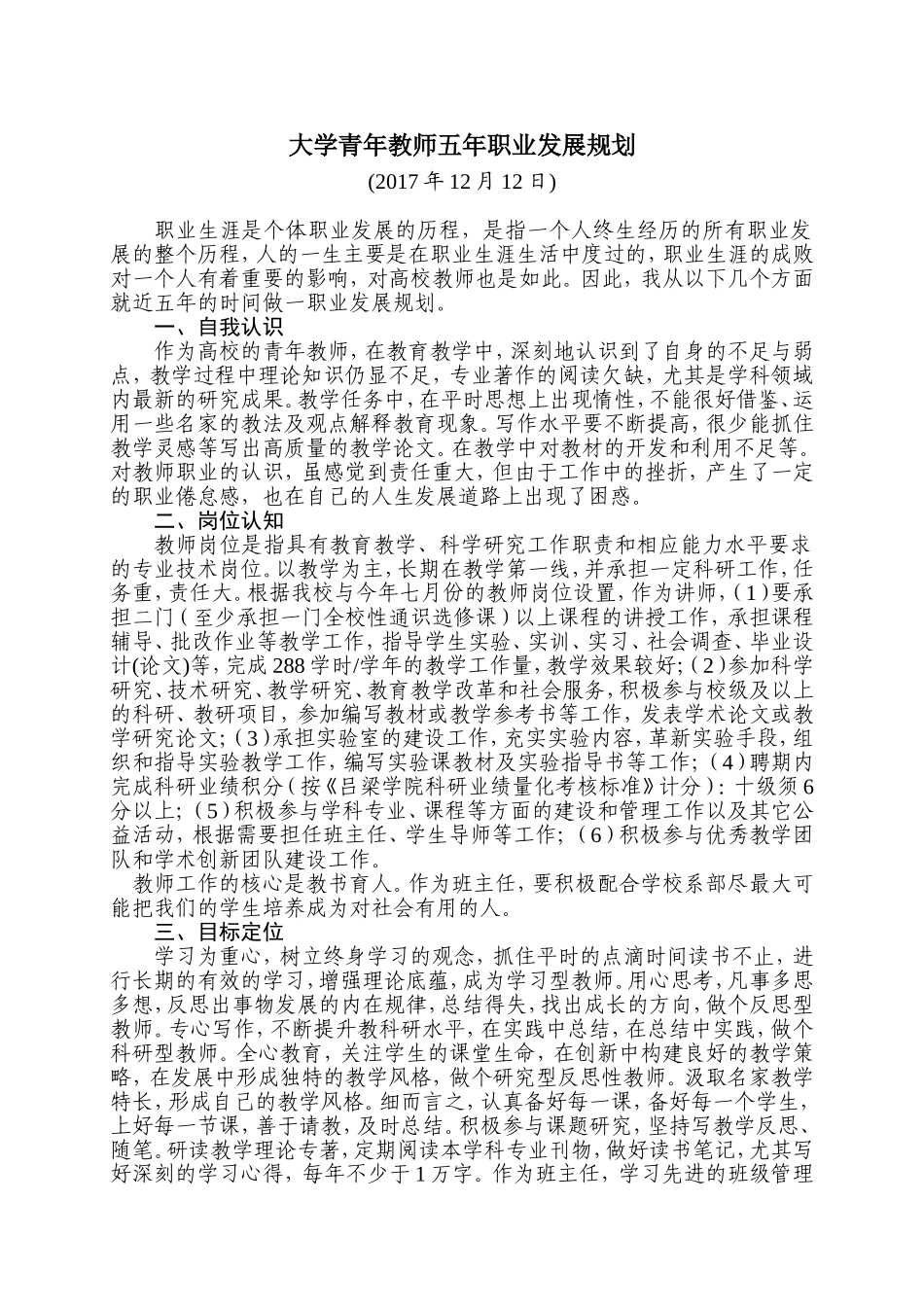 大学青年教师五年职业发展规划_第1页