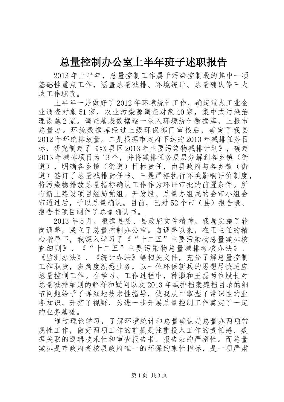 总量控制办公室上半年班子述职报告_第1页
