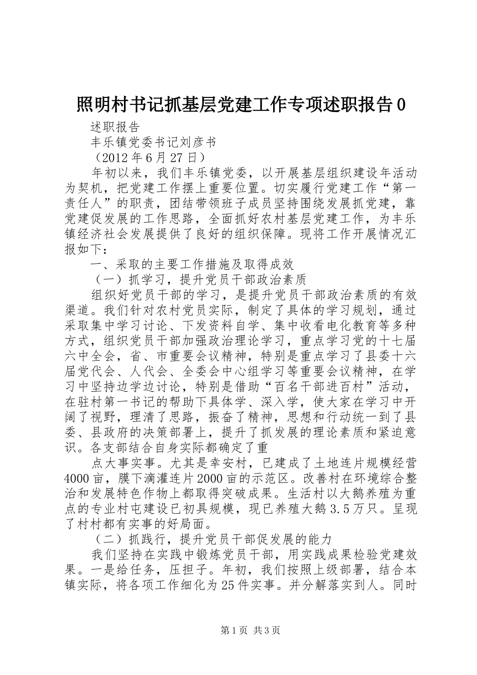 照明村书记抓基层党建工作专项述职报告0_第1页