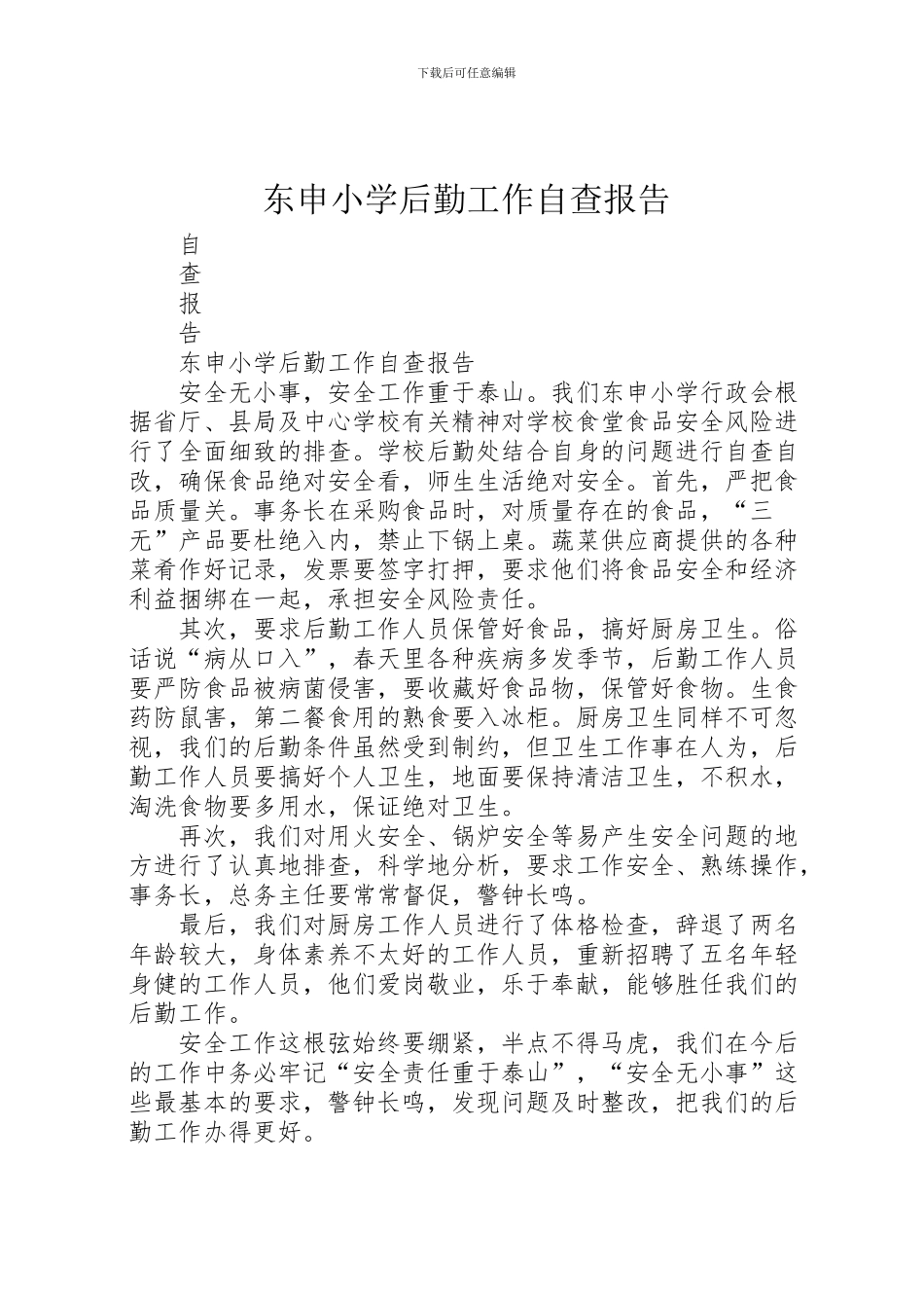 2024年东申小学后勤工作自查报告_第1页