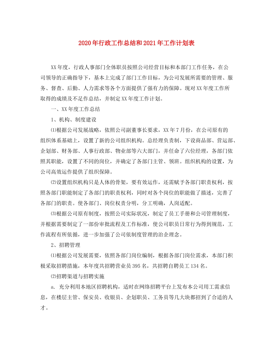 2020年行政工作总结和年工作计划表_第1页
