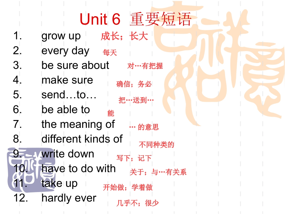 人教新目标八年级上册Unit6重要短语复习课件_第1页