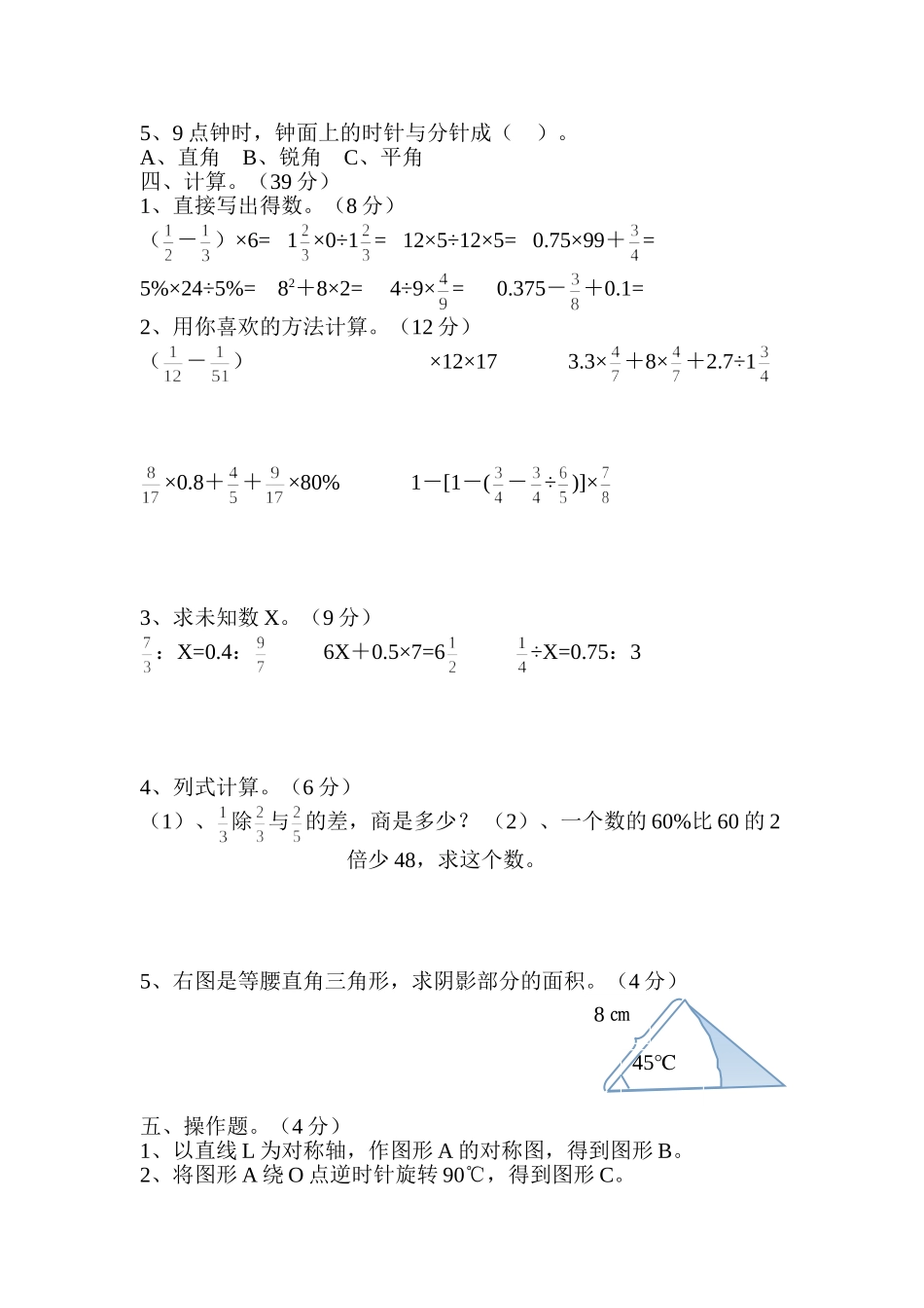 小学数学科毕业检查试题_第2页