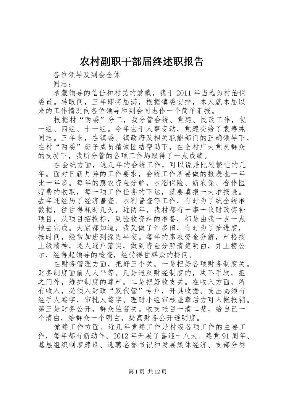 农村副职干部届终述职报告_第1页