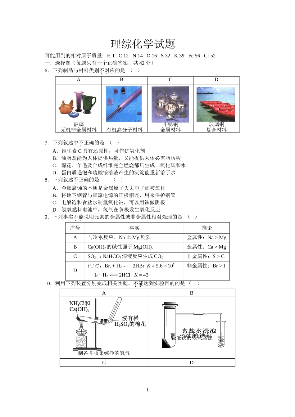 理综化学试卷2_第1页