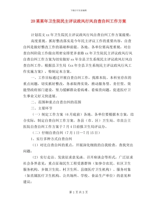 20某某年卫生院民主评议政风行风自查自纠工作方案